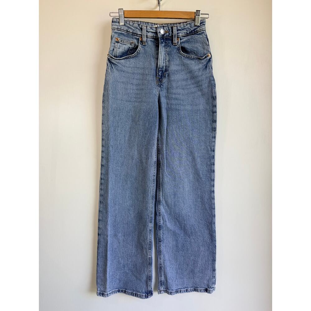 H&M Size 4 High Waisted Wide Leg Blue Denim Jeans Retro 70s Flat Front Classic